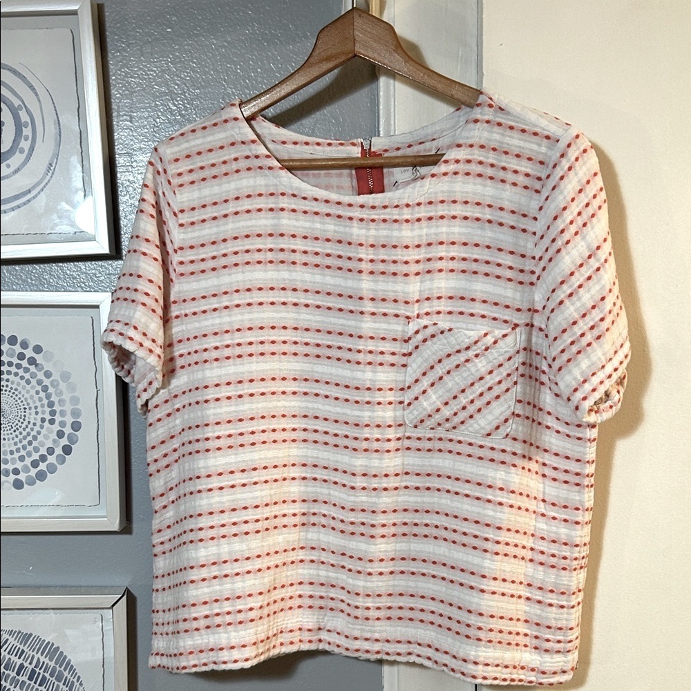 Lou & Grey Women’s Size L Catalina Pocket Top Short Sleeve Striped White Orange - Picture 2 of 6